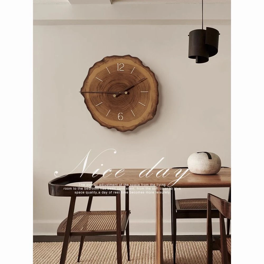 侘寂原木风餐厅装饰画现代餐桌钟表挂钟家用时钟壁灯客厅挂画q56