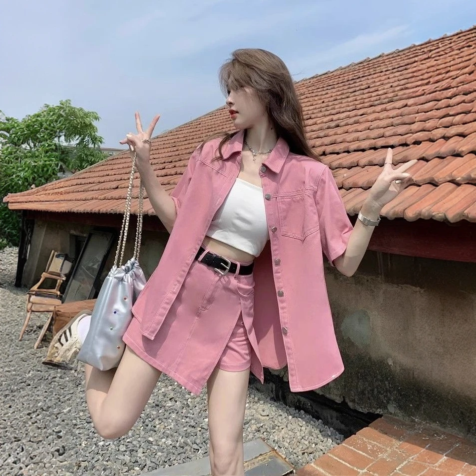 多巴胺夏日牛仔上衣裙裤两件套小个子休闲夏季韩版衬衫套装百搭