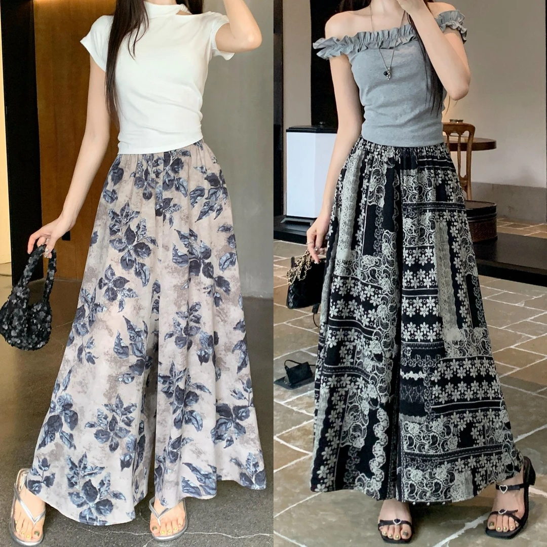 8133-【现货+运费险+松紧腰】夏季女装显瘦微胖大码裤裙印花复古