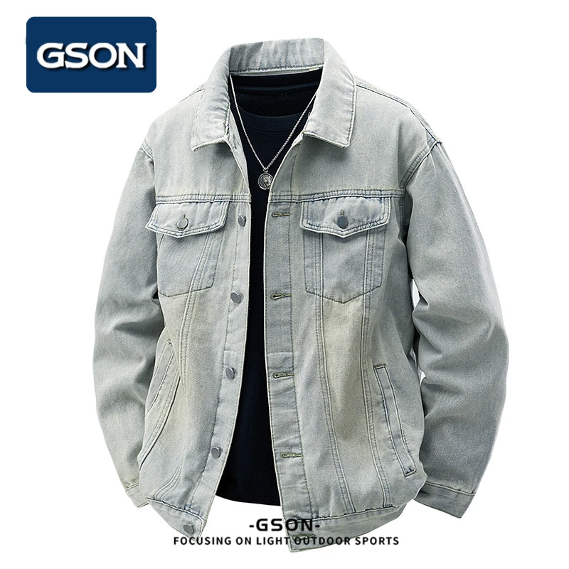 集团品牌GSON牛仔外套男士春秋季美式高街水洗做旧潮牌时尚夹克