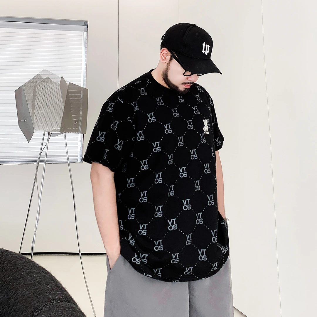 大码男装夏季满印潮流短袖T恤男ins潮牌菱形格胖子宽松半袖打底衫