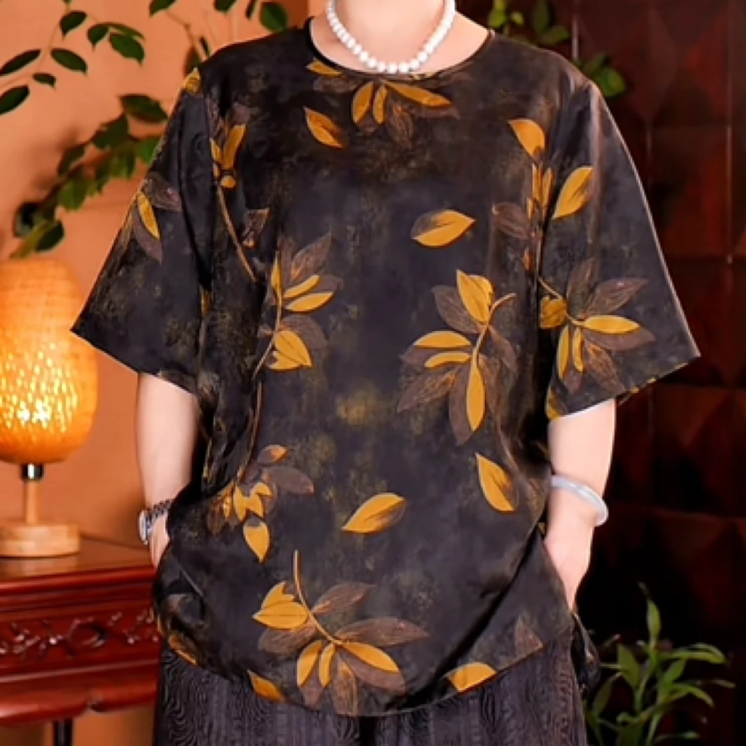 【惠妃】8037 绮叶逸彩 早春新款气质圆领香云纱上衣（100%桑蚕丝）