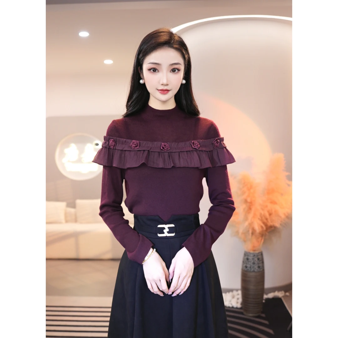 2025秋冬新款【8387】含绵羊毛别致小众拼接设计感酒红色针织衫女