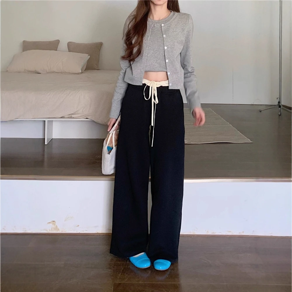 实拍~设计感撞色抽绳休闲裤女宽松百搭直筒阔腿长裤韩系裤子女装