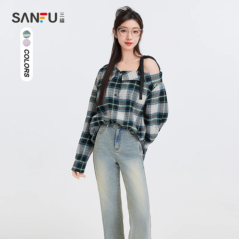 三福长衬衫2025春季蕾丝绑带露肩宽松翻领上衣女装496715