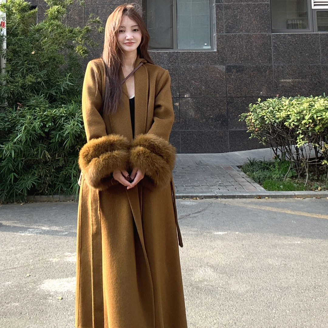 长款双面大衣女秋冬新款袖口高贵气质毛呢外套