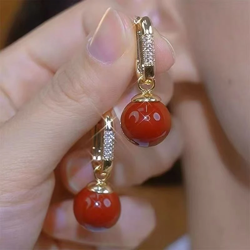 铜合金仿珍珠耳饰 【174号】秋冬时尚百搭气质红色法式珠珠耳环