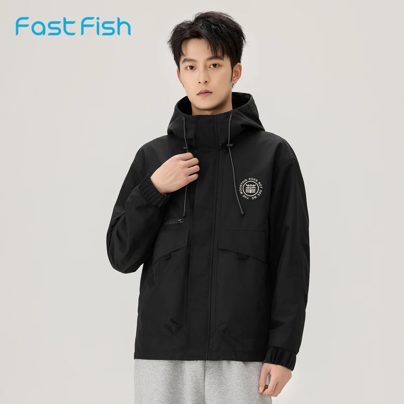 快鱼山系连帽印花外套男士2024秋季新款宽松休闲百搭户外防水茄克