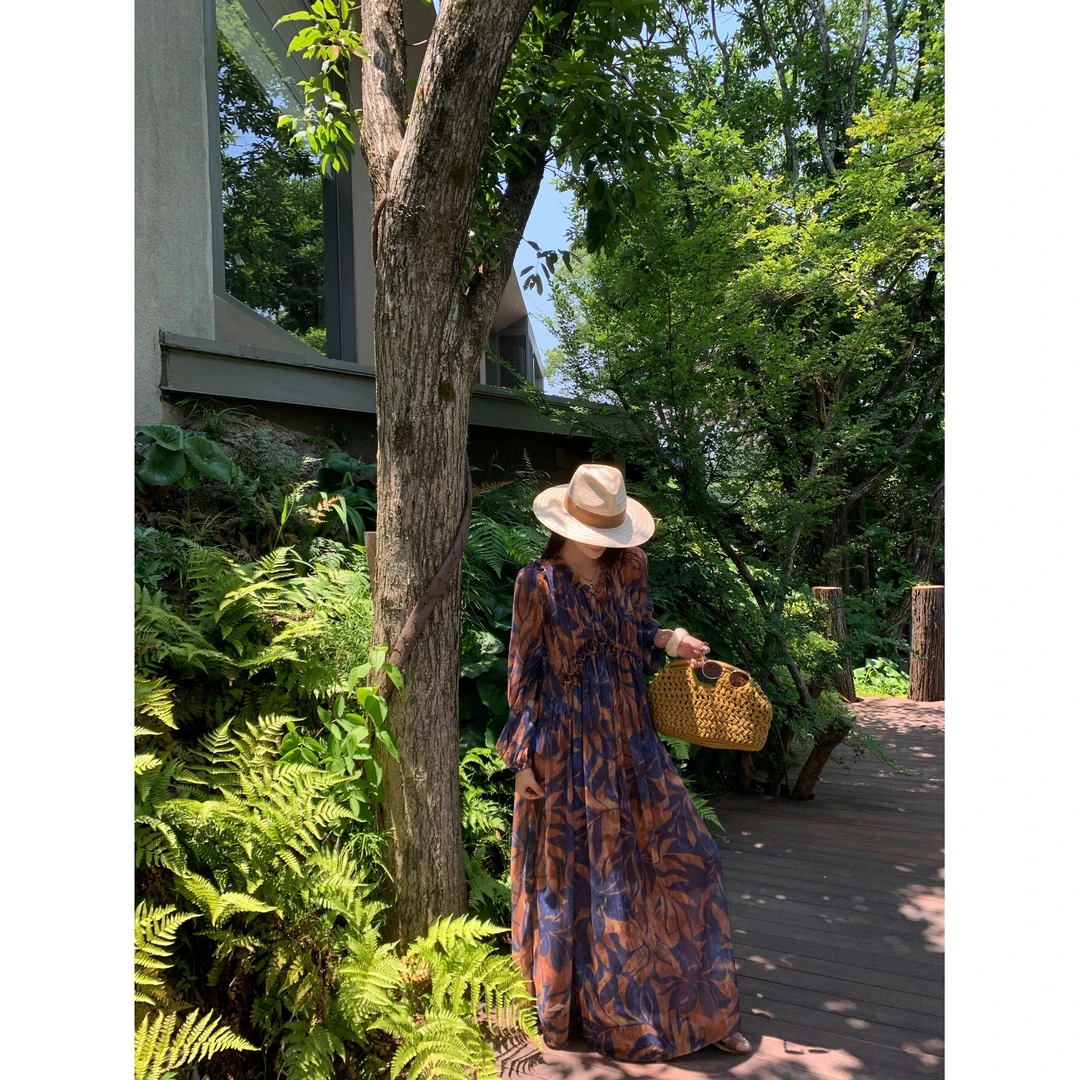 Ah·Jing 梓静【落日余晖】艺术晕染度假风长款捏褶连衣裙 0083