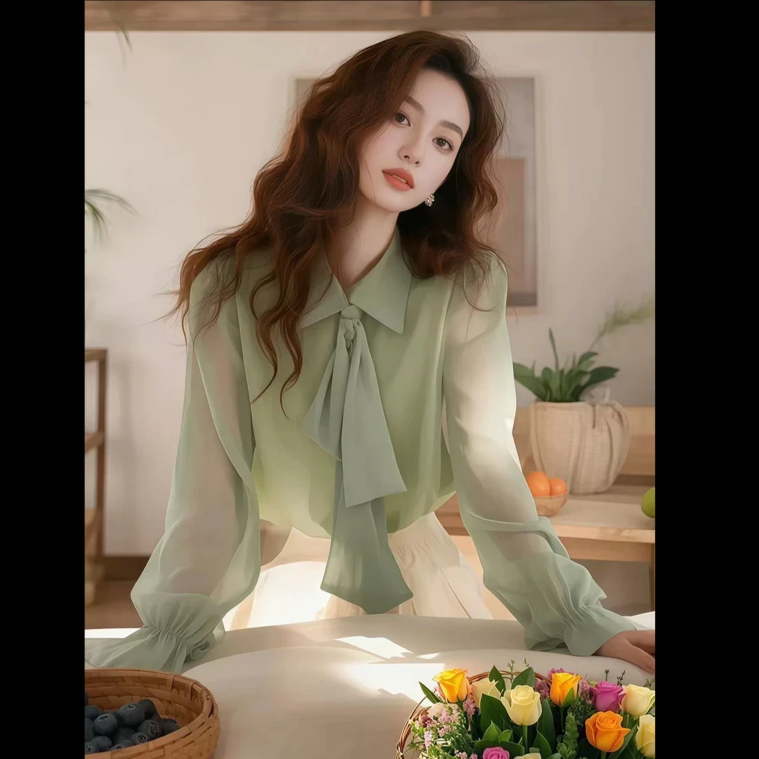 绿色蝴蝶结衬衫女职业春装超好看独特漂亮上衣2025年新款时尚女装