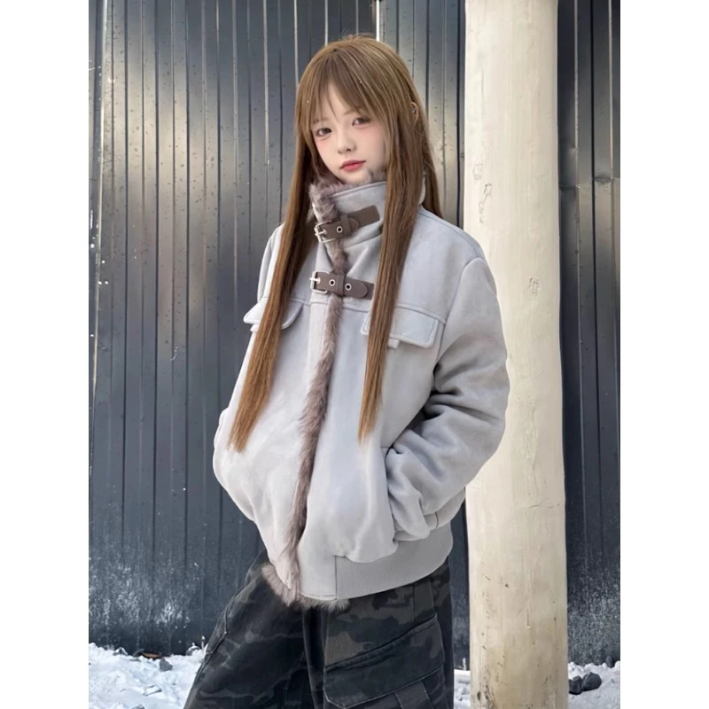 浅灰色座山雕毛领拼接棉服男款冬季美式加绒加厚立领外套开衫夹克