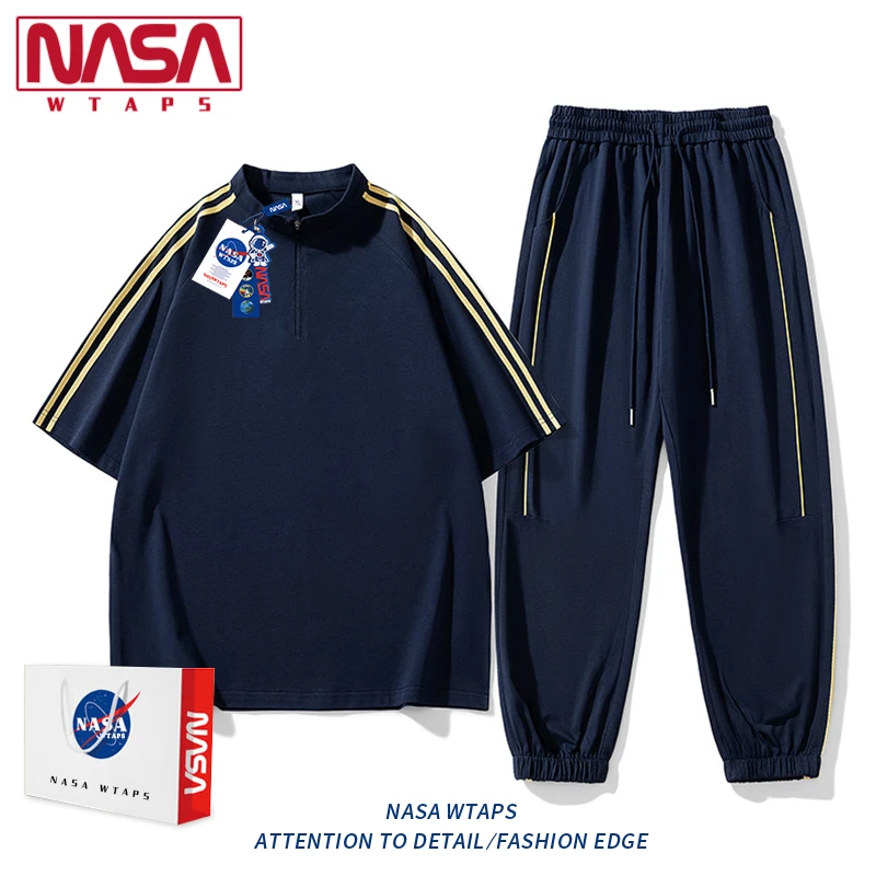 NASA WTAPS美式复古半拉链短袖男款夏季痞帅运动上衣裤子套装男