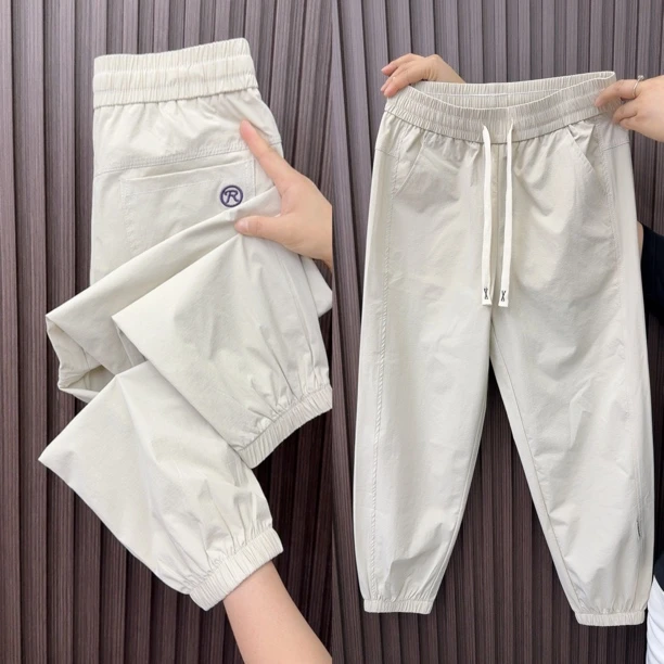 7881网纹格时尚减龄显瘦超薄透气防晒遮肉休闲直筒哈伦九分裤小个