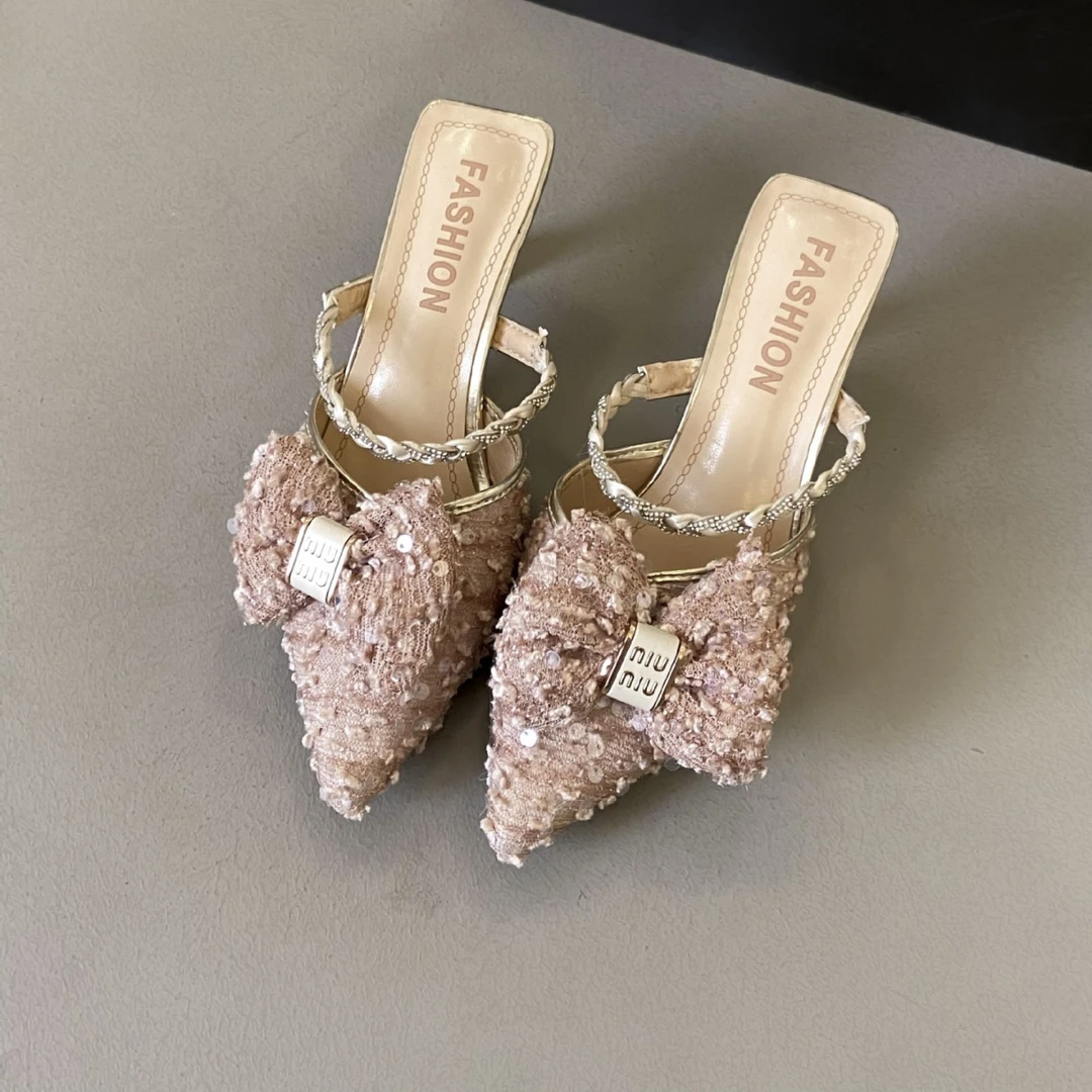 高跟包头半拖凉鞋女外穿批发夏季新款女鞋蝴蝶结尖头细跟凉拖鞋女