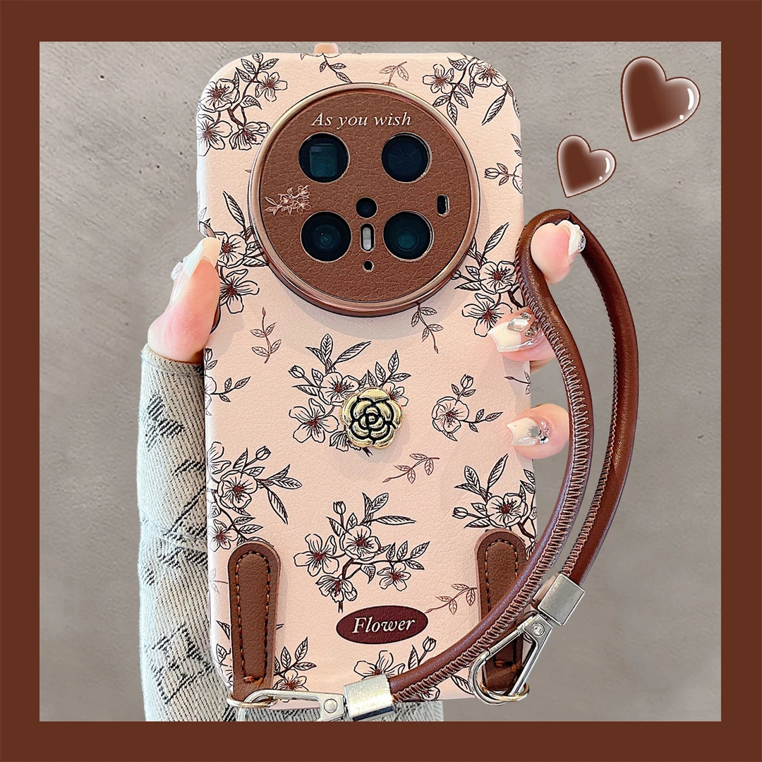 适用于华为mate70pro+手机壳小香风立体山茶花mate60pro腕带挂绳