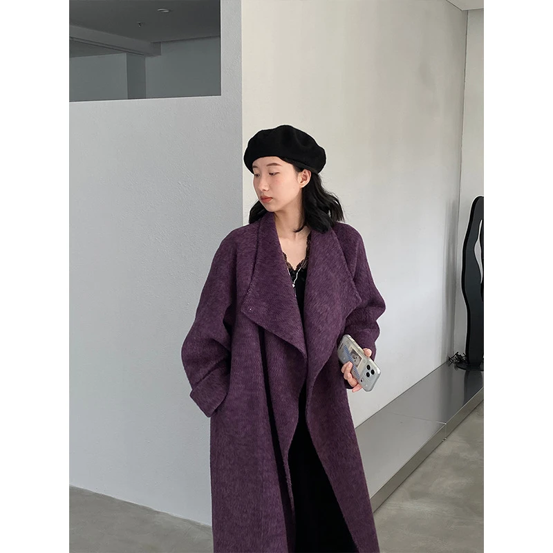 高级感紫色羊毛双面呢大衣女冬长款翻领廓形气质外套