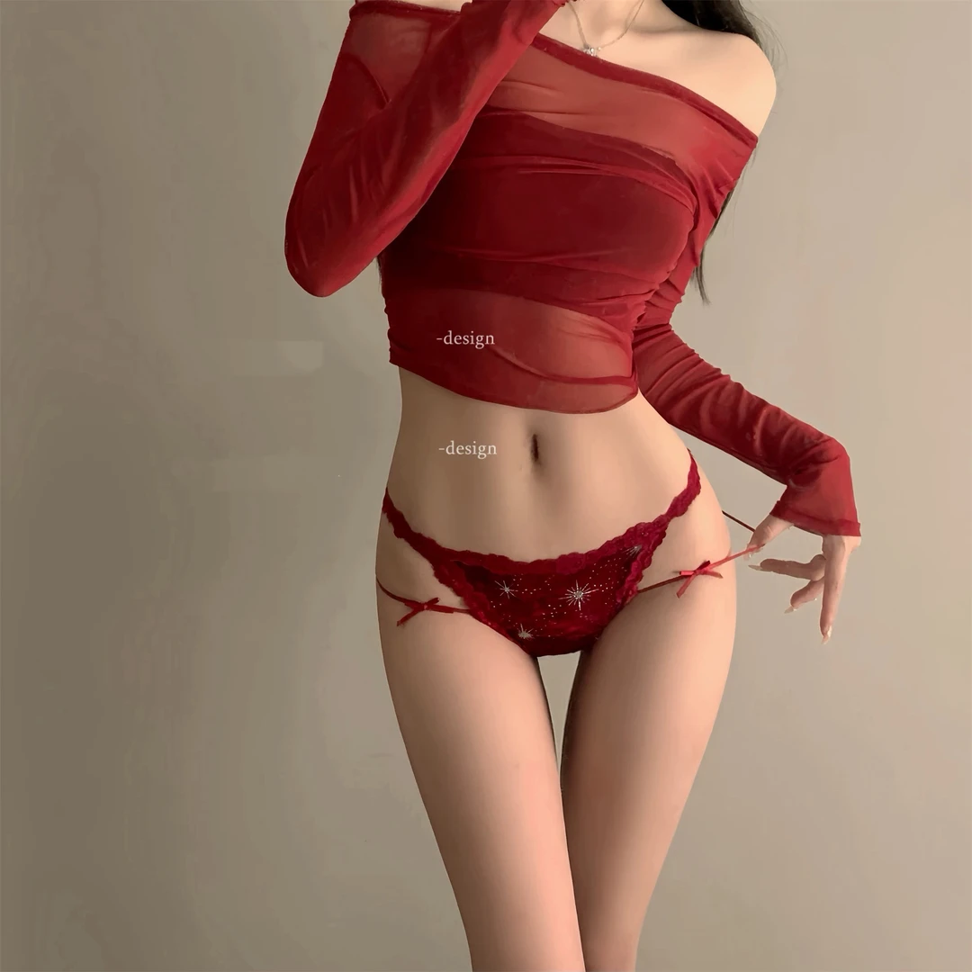 MJ法式低腰性感红色蕾丝缎面蝴蝶结透气纯欲女三角内裤内衣套装新