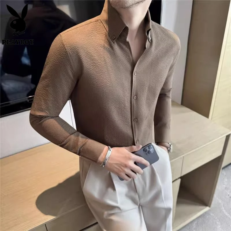 花花公子泡泡纱上衣男士长袖商务休闲痞帅修身衬衣华夫格V领衬衫