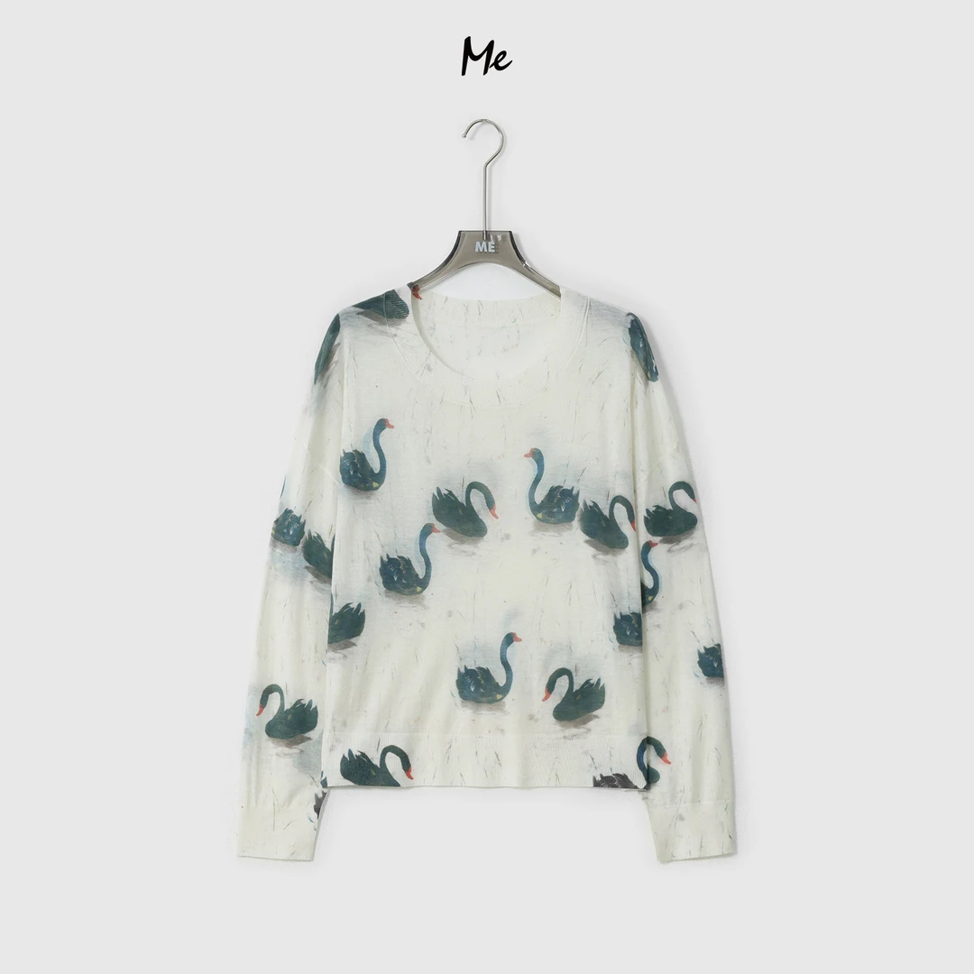 ME【天鹅湖】绵羊毛混纺超柔艺术印花时尚百搭宽松休闲毛衣MESA0869