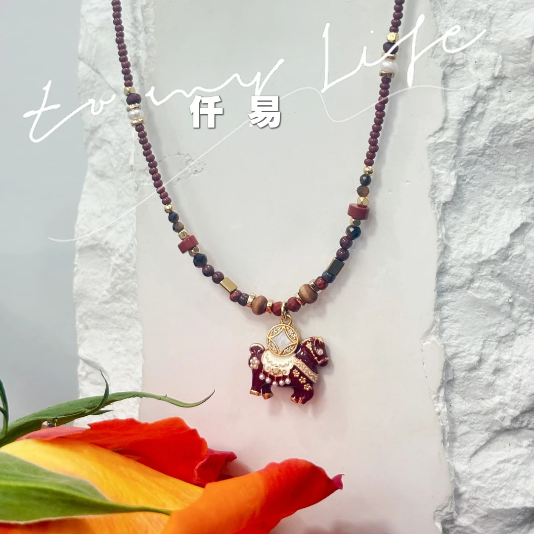纯铜项链 【步步生财】原创设计珐琅滴油步步生财小马手工串珠项链