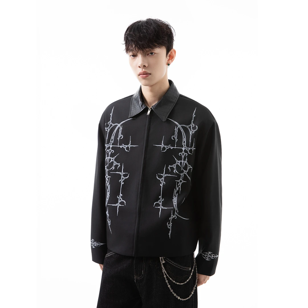 潮街区cleanfit设计感印花翻领夹克男秋季高街痞帅短款boxy版外套