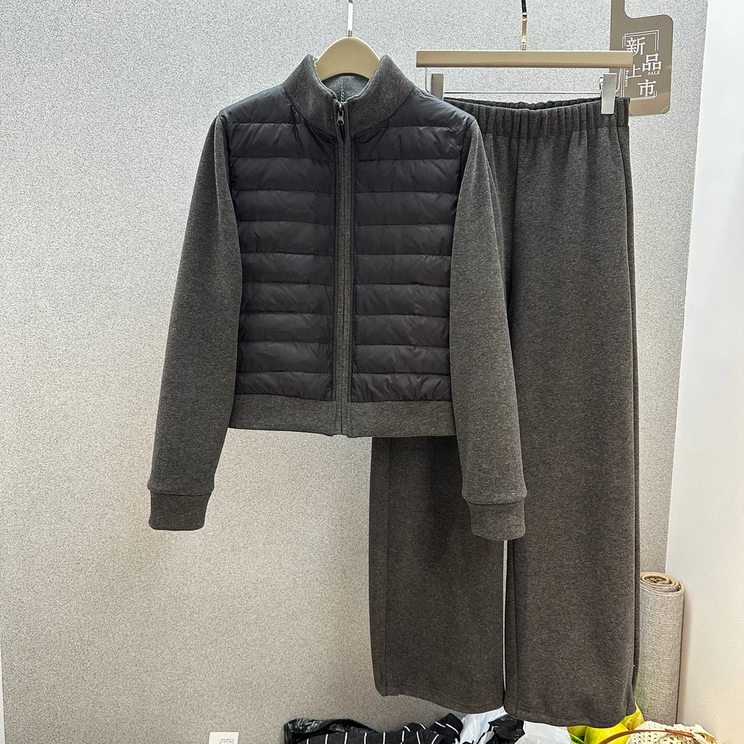 套装女2025秋冬新款欧韩货毛呢拼接短款羽绒外套阔腿裤网红两件套