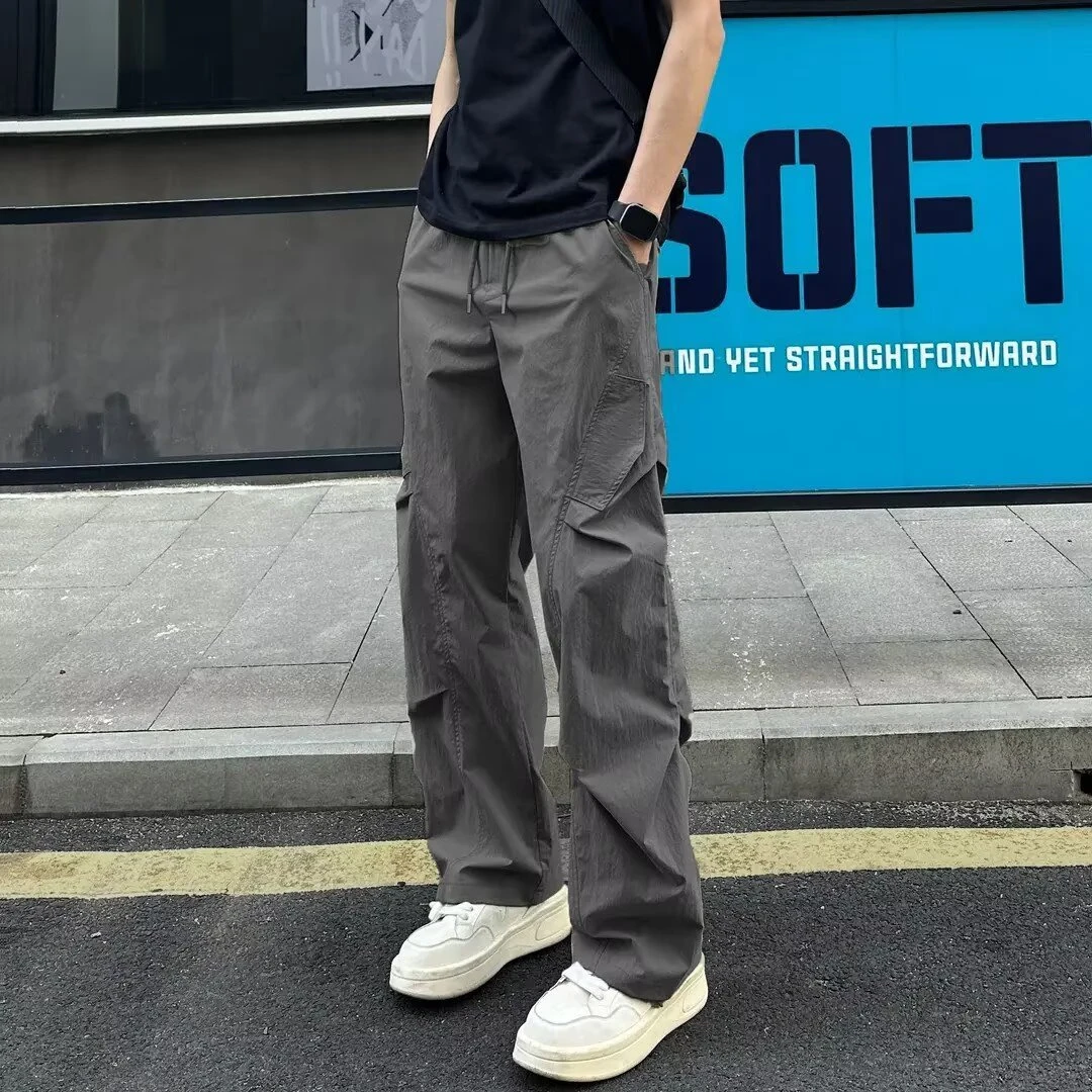 夏季薄款褶皱感潮流直筒休闲裤男女宽松户外工装速干长裤美式高街