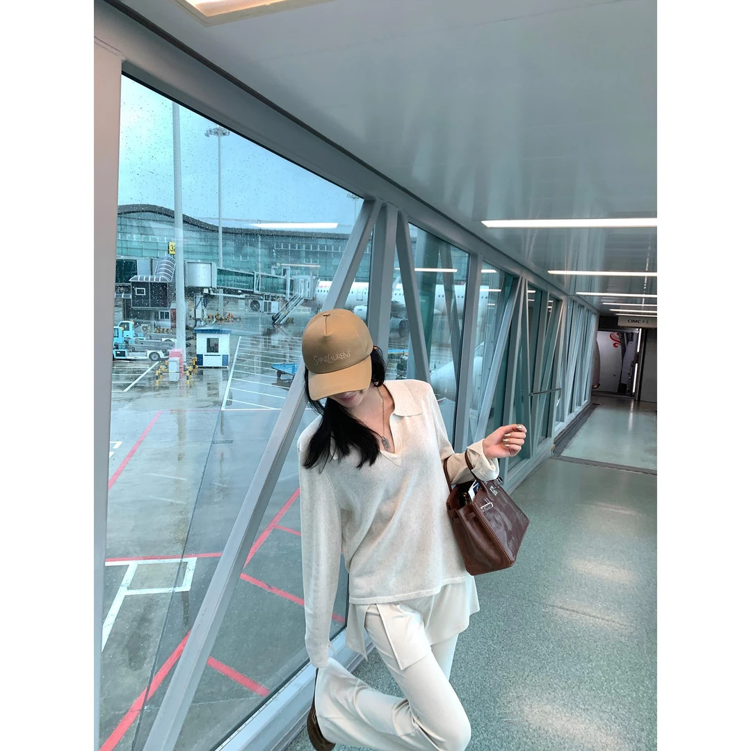 区区欧阳 翻领针织衫女秋季慵懒风宽松美式复古长袖上衣