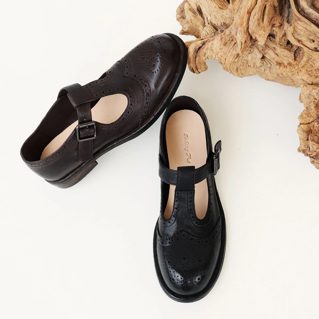 Inking Pot高端水洗马皮英伦风复古雕花小皮鞋女T字带玛丽珍鞋