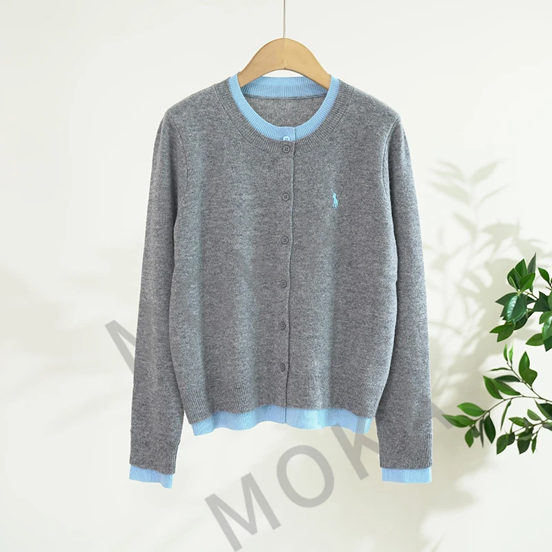 欧洲订单100%羊毛小马撞色假两件针织开衫女士毛衣（241634）20798