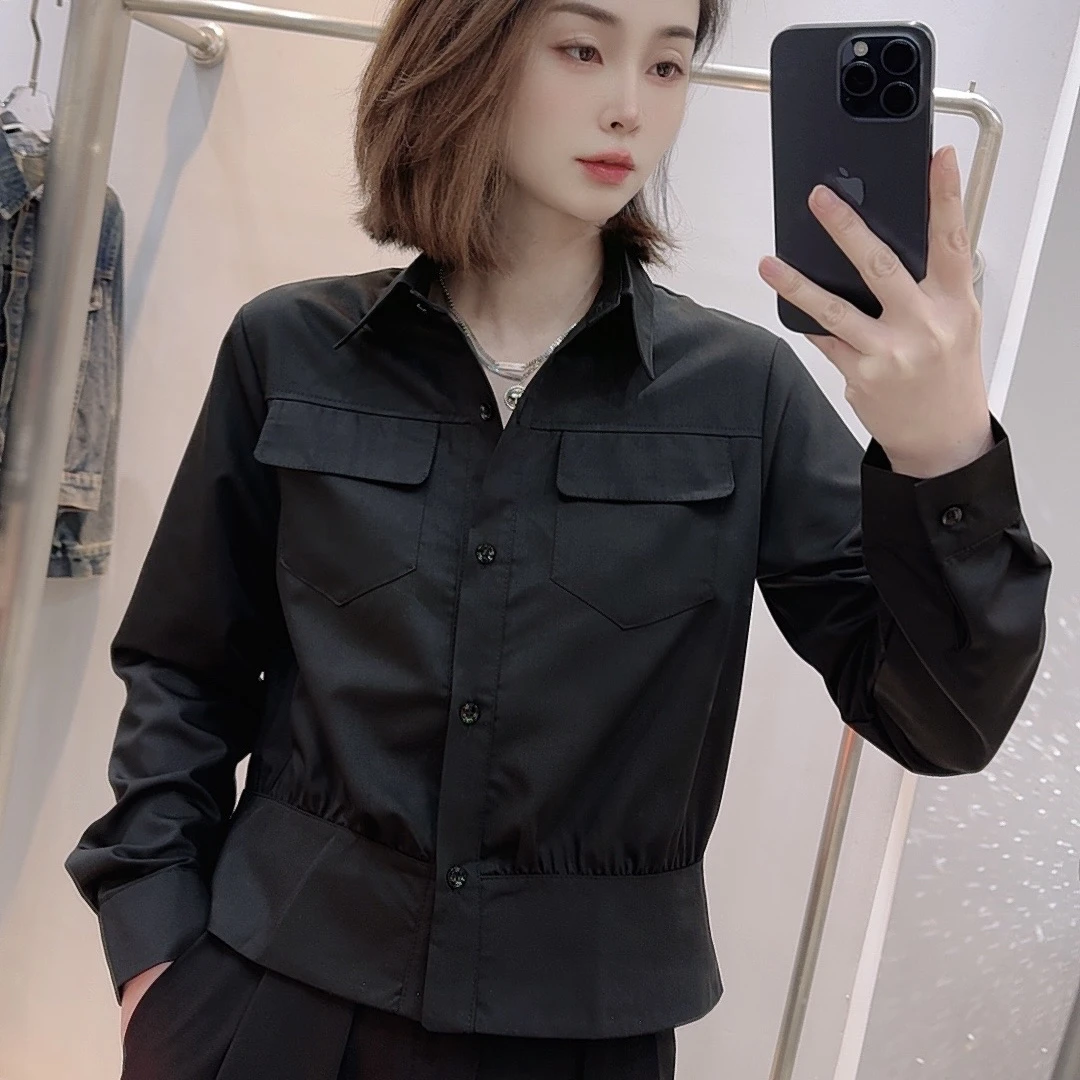 【衬衫】#801春秋时尚短款法式显瘦高级感翻领长袖衬衣