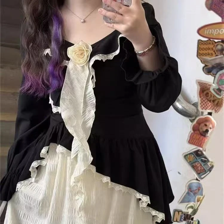 大码胖mm黑白装不规则拼接设计感连衣裙女春秋新款显瘦百搭裙子潮