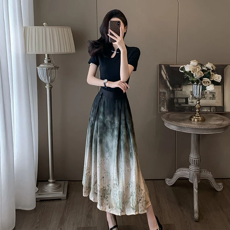 复古新中式水墨套装裙女夏季高级感国风盘扣短袖高腰半身裙两件套