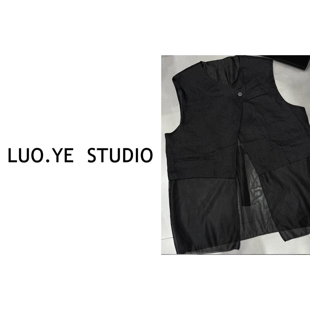 罗爷 · 【苏绣吟】后背纽扣拼欧根纱马甲上衣T恤背心欧货短袖女时尚