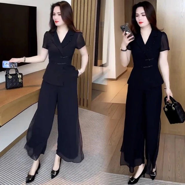 时尚雪纺套装女2025夏季新款洋气显瘦盘扣短袖上衣阔腿裤两件套潮