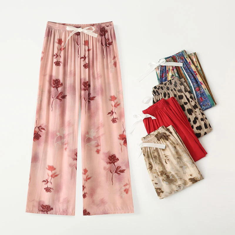 中年女裤夏季大码长裤绵绸高腰松紧摆裤阔腿裤碎花休闲裤2025