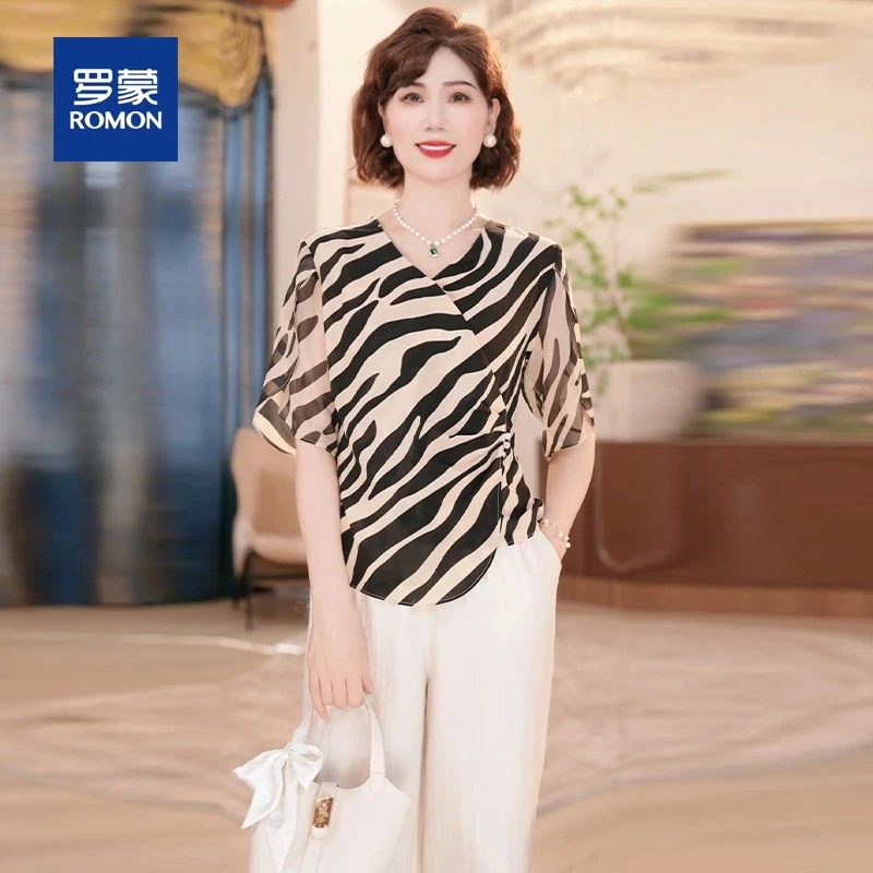 罗蒙2025新款中老年女装时尚两件套洋气妈妈小衫夏季上衣服套装女