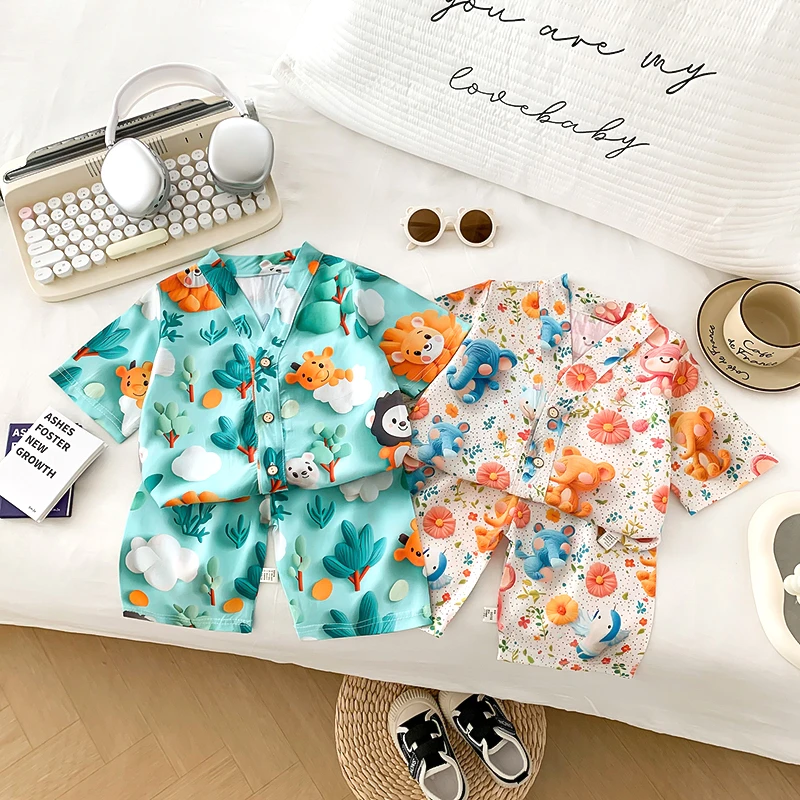 儿童夏季套装睡衣棉绸七分袖薄款男童宝宝家居服女童半袖空调服