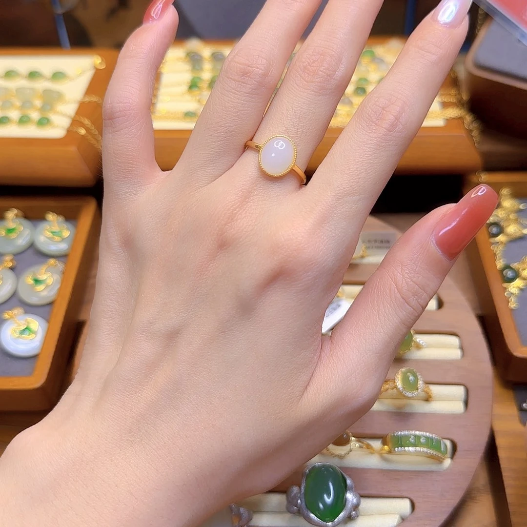 和田玉银S925镀金镶嵌戒指簡***鍢