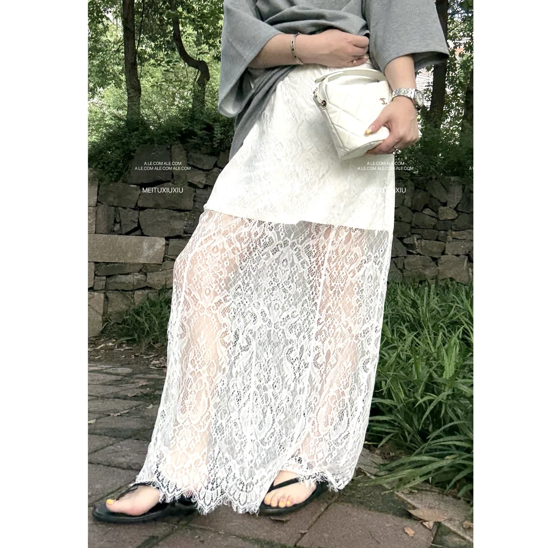 【阿乐家】大码微胖“怦然心动”韩系纯欲网纱蕾丝拼接设计半身裙