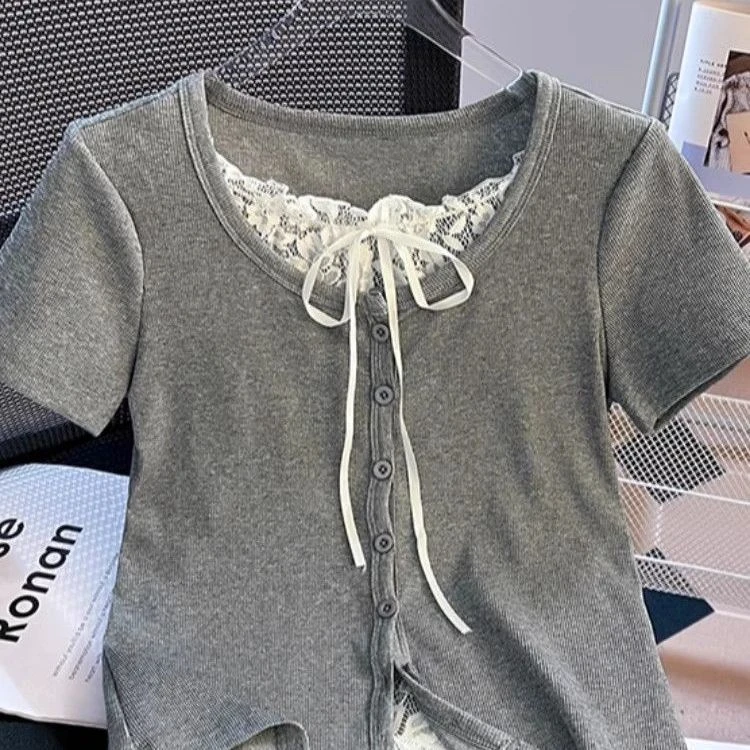 miu系蕾丝拼接假两件蝴蝶结系带短袖t恤女夏季纯欲bm内搭U领上衣