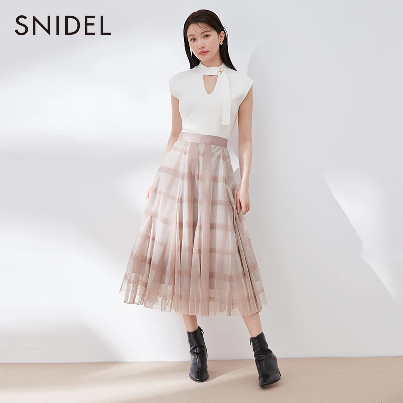 【CC王专属】SNIDEL高腰格纹薄纱蕾丝刺绣A字半身裙SWFS234268