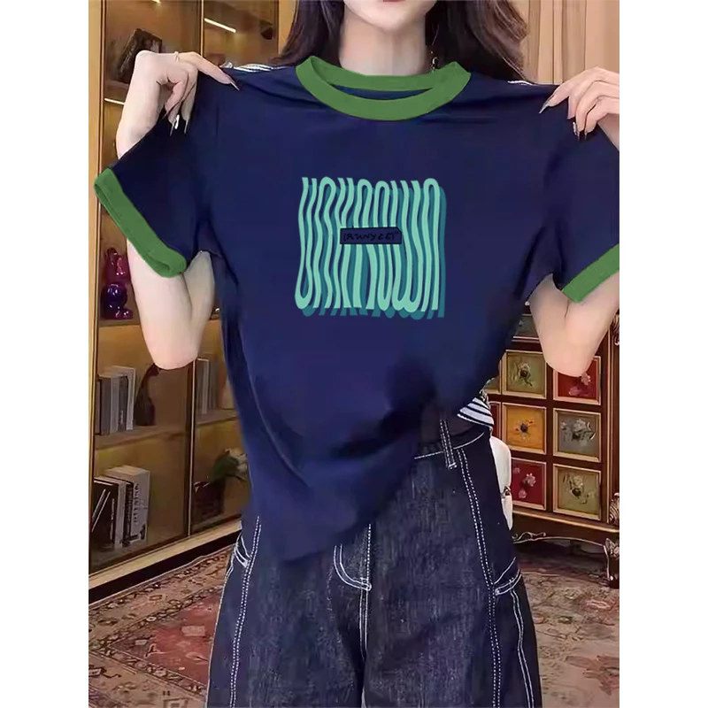 2025新款正肩彩色领口拼接撞色t恤短袖百搭小众设计感上衣女夏季