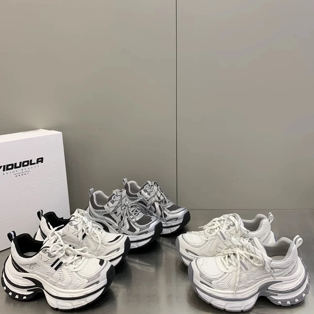 广州欧货【猫儿眼】2026春季新款绑带潮流拼色7cm厚底老爹鞋韩版