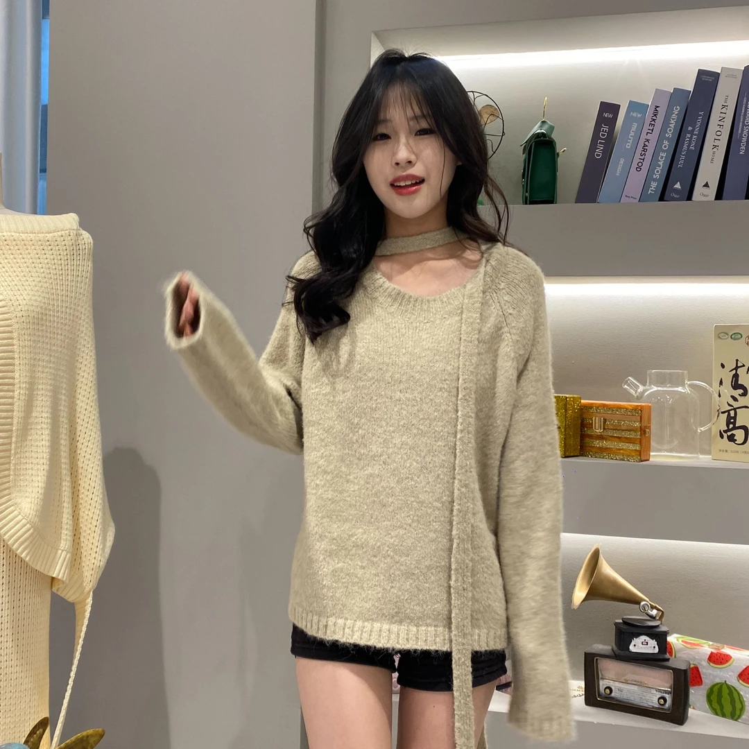 蝴蝶结绑带小圆领春款针织慵懒风短款羊毛衫宽松百搭针织韩版