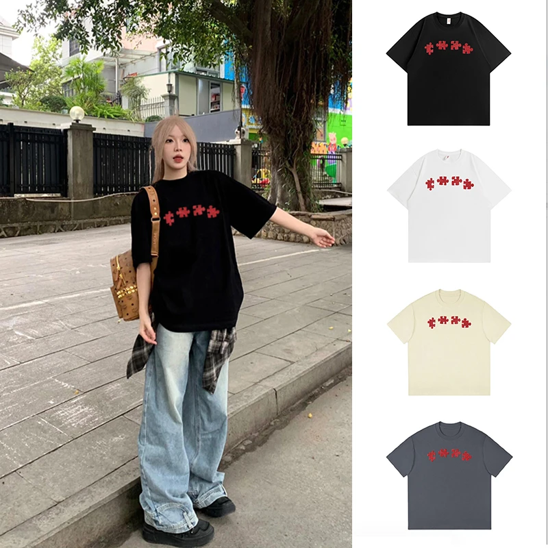 【现货-贴布刺绣】美式潮牌拼图短袖T恤女夏季宽松百搭纯棉情侣上衣