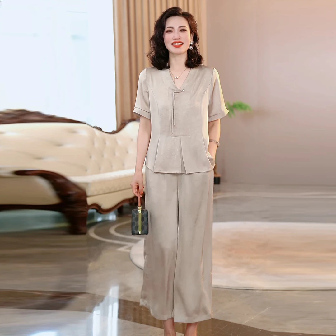 时尚气质妈妈装夏季大码宽松套装中老年女阔太太新中式小衫两件套