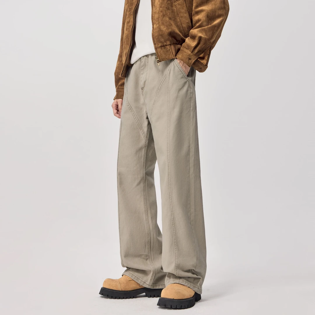 美式拼接潮流复古水洗做旧牛仔裤男宽松美拉德解构设计感休闲长裤