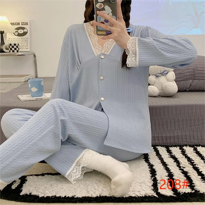 新款春夏季睡衣女款纯色开衫长袖简约睡衣女士家居服高级感套装