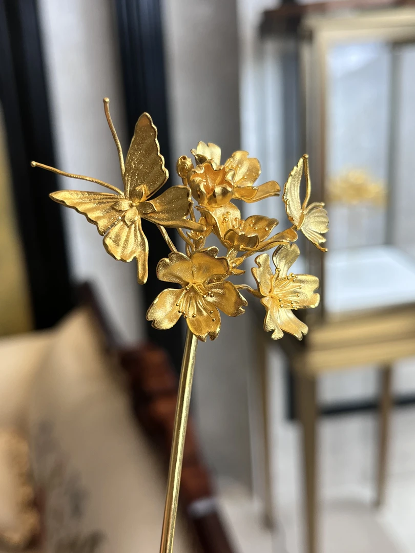 鳳喆足金工艺设计师款足金蝴蝶国风婚嫁发钗足金999